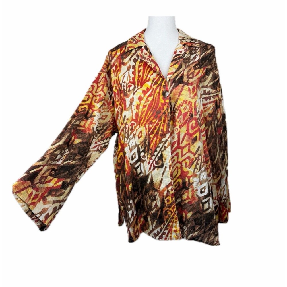 Jones New York Linen Ikat Unlined Jacket  M Brown Orange Artsy Boho Maximalist